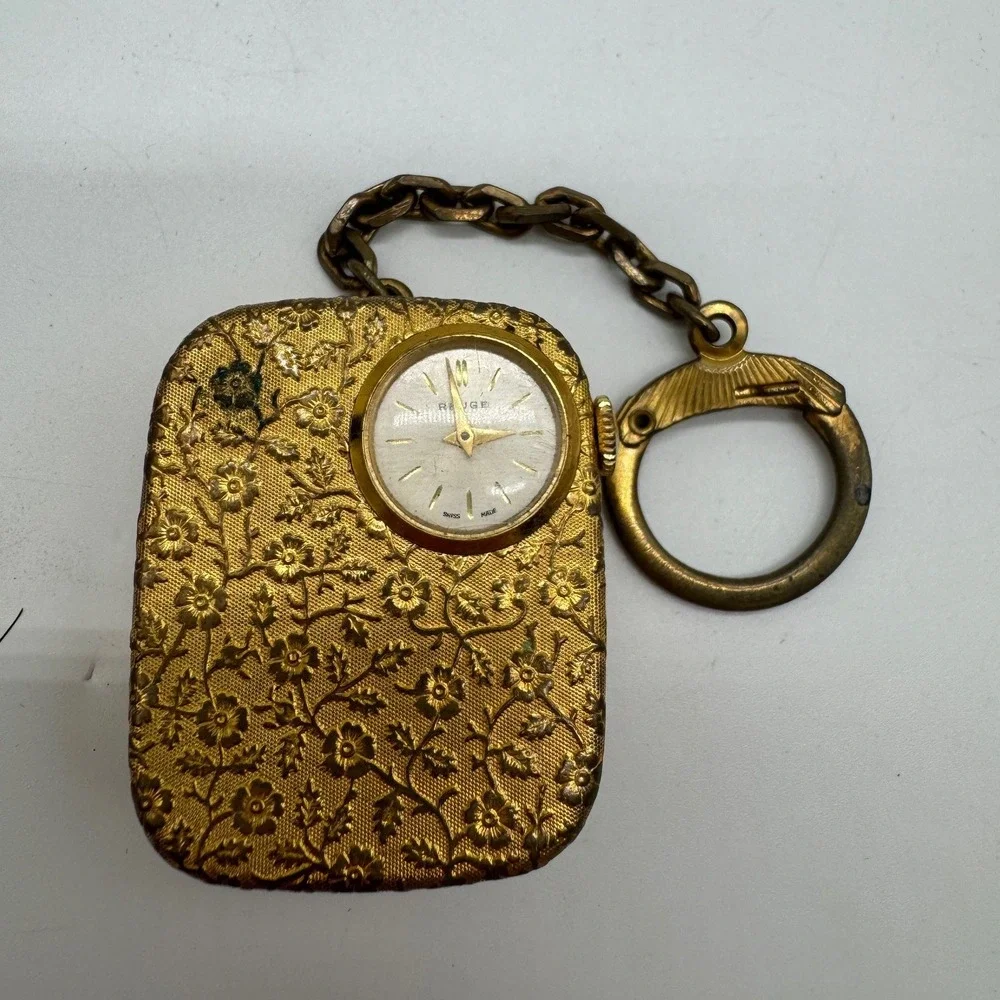 Vintage Reuge Swiss‎ Musical Pocket Watch Keychain Gold Tone Floral Embossed Fob